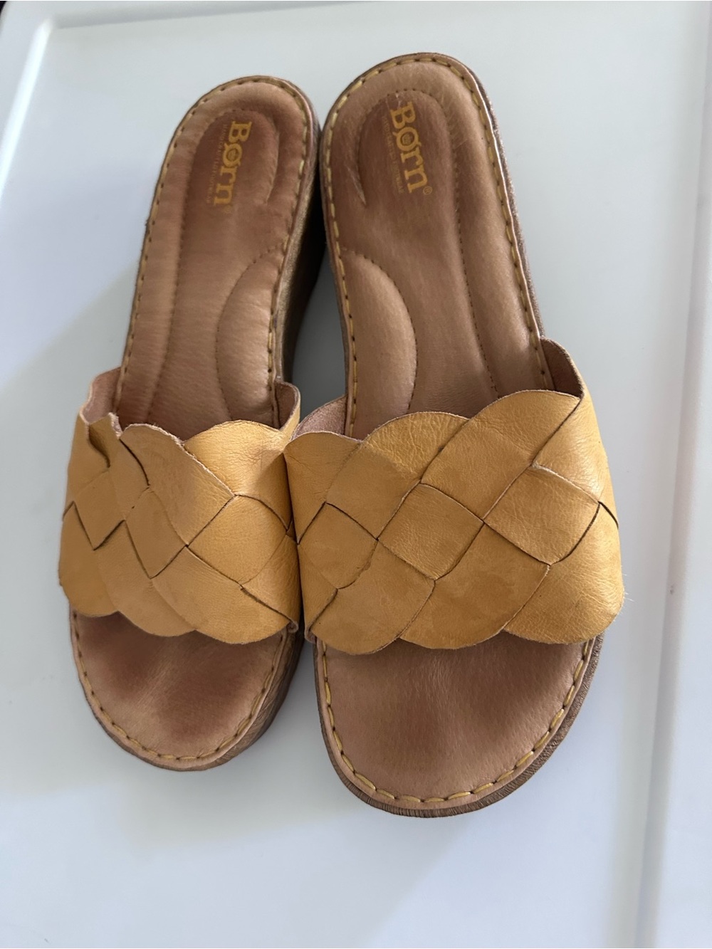 Born Woven Leather Slide Sandals in Mustard Yellow 10